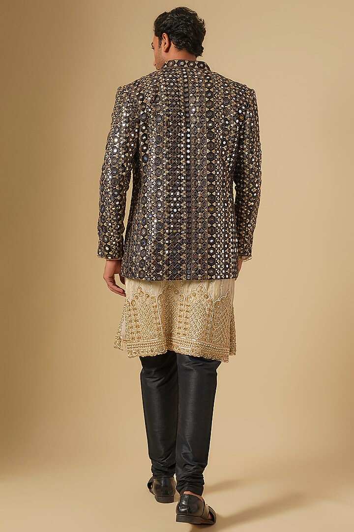Black Georgette Mirror Embroidered Groom Indowestern Set by Dapper & Dare at Pernia's Pop Up Shop