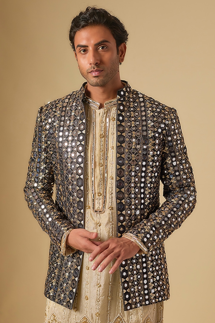 Black Georgette Mirror Embroidered Groom Indowestern Set by Dapper & Dare at Pernia's Pop Up Shop