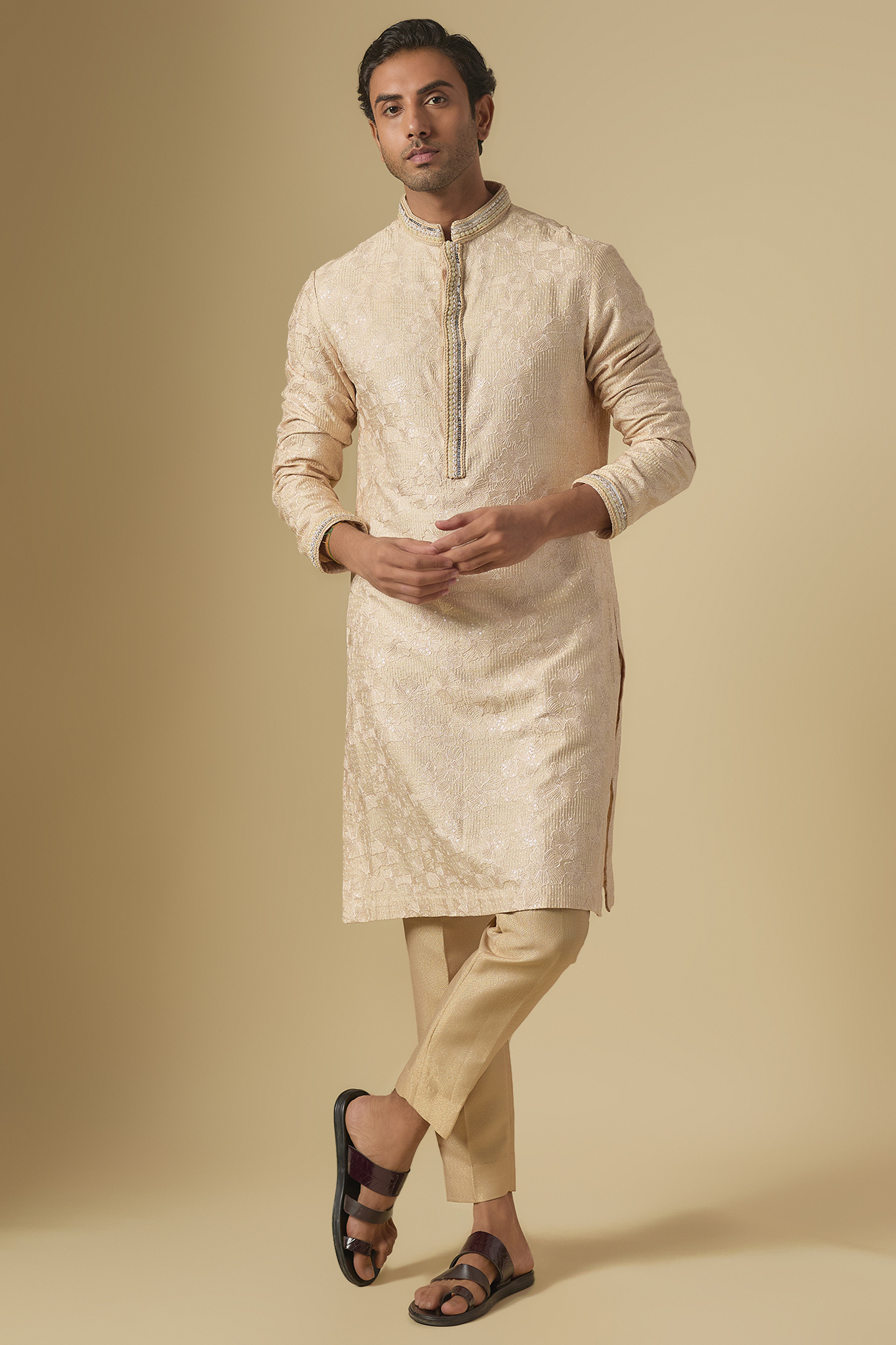 Ivory Dupion Silk Floral Printed & Embroidered Kurta Set by Dapper & Dare