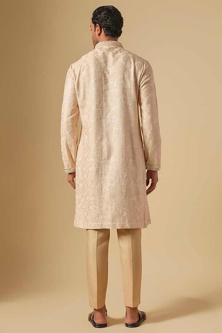 Ivory Dupion Silk Floral Printed & Embroidered Kurta Set by Dapper & Dare at Pernia's Pop Up Shop