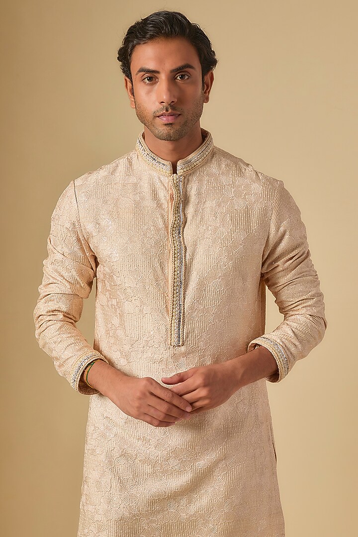 Ivory Dupion Silk Floral Printed & Embroidered Kurta Set by Dapper & Dare at Pernia's Pop Up Shop