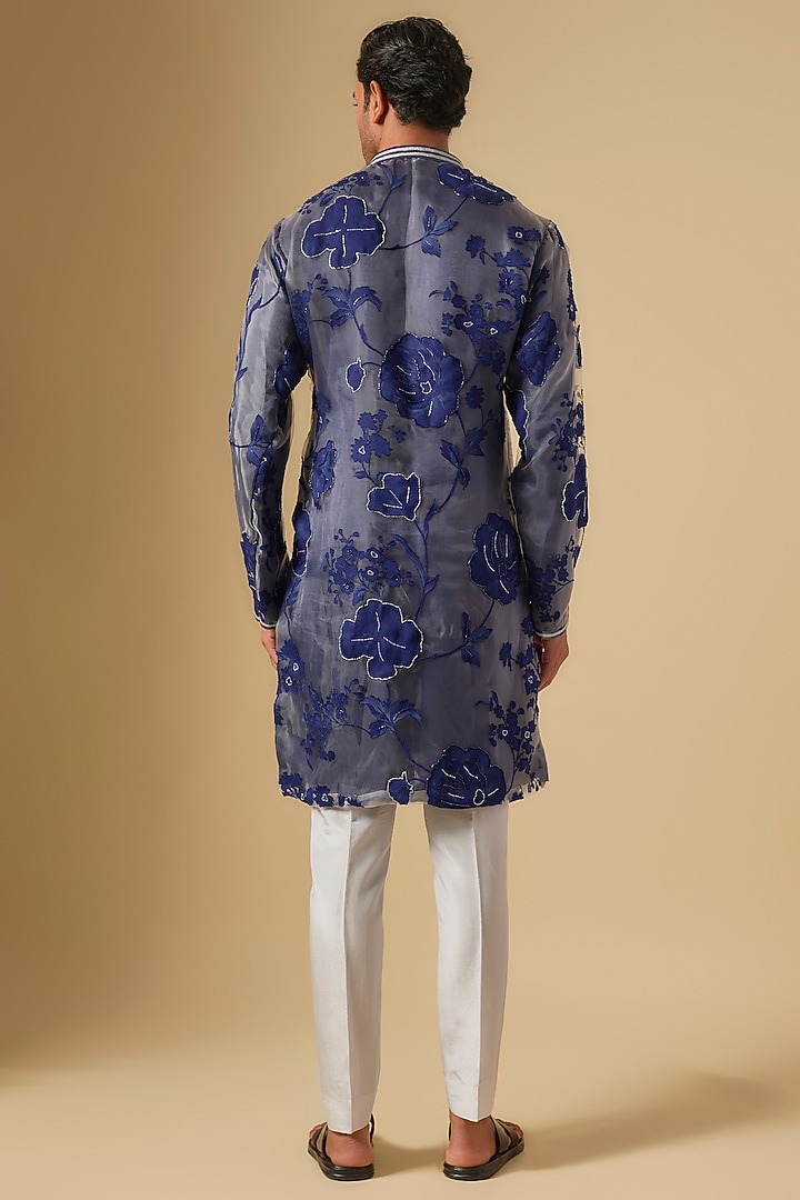 Royal Blue Organza Floral Printed Kurta Set by Dapper & Dare at Pernia's Pop Up Shop