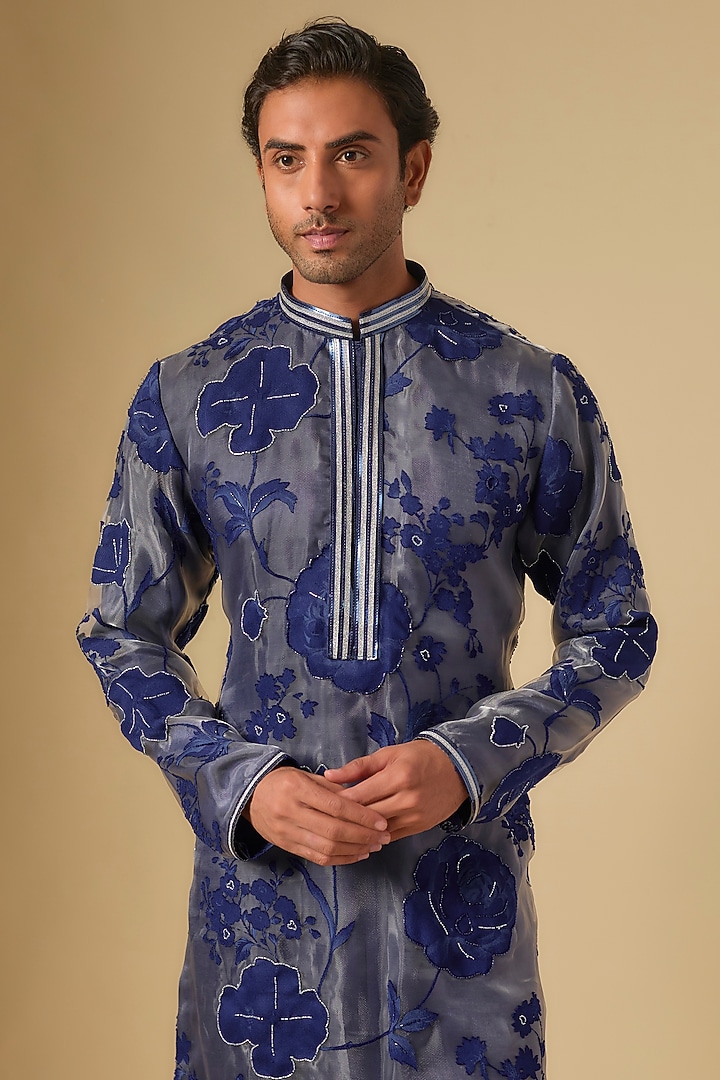 Royal Blue Organza Floral Printed Kurta Set by Dapper & Dare at Pernia's Pop Up Shop