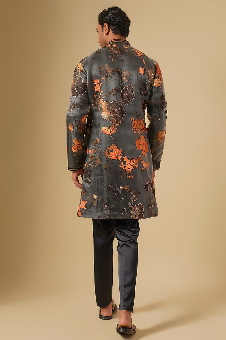 Graphite Grey & Orange Organza Floral Printed Shaded Kurta Set by Dapper & Dare at Pernia's Pop Up Shop