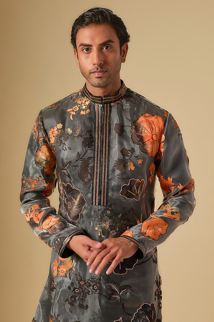 Graphite Grey & Orange Organza Floral Printed Shaded Kurta Set by Dapper & Dare at Pernia's Pop Up Shop