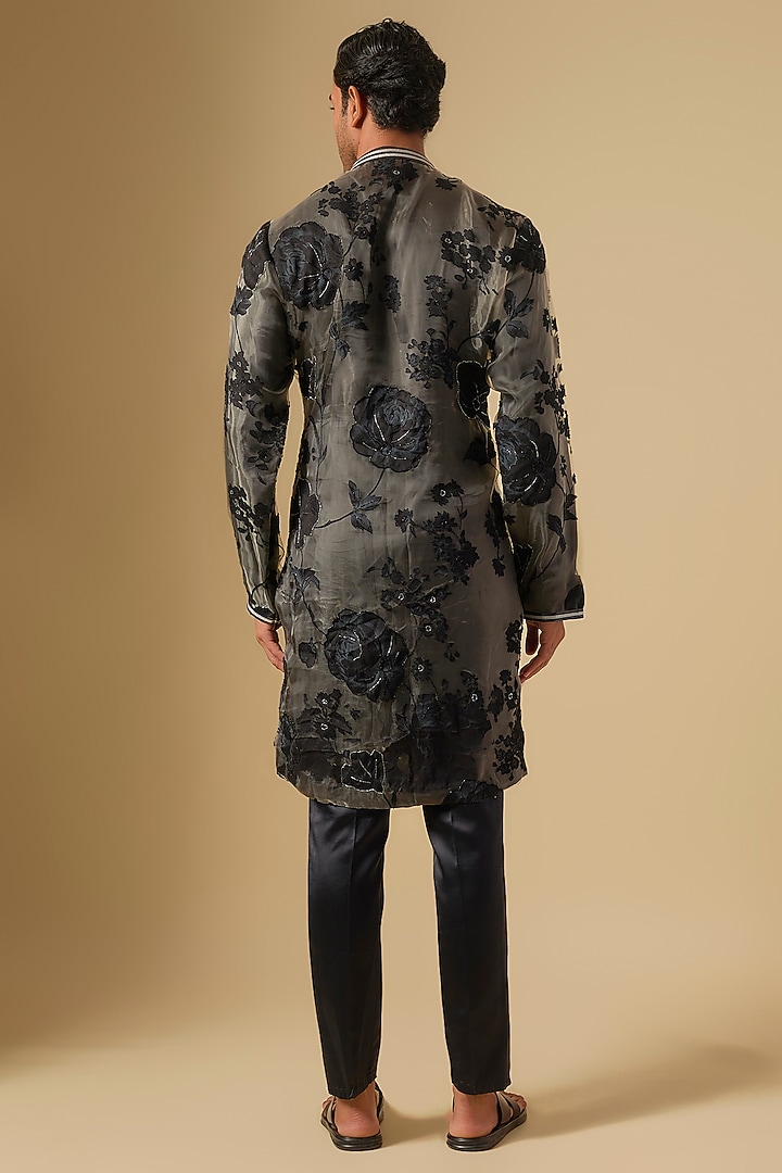 Metallic Grey & Black Organza Floral Printed Kurta Set by Dapper & Dare at Pernia's Pop Up Shop