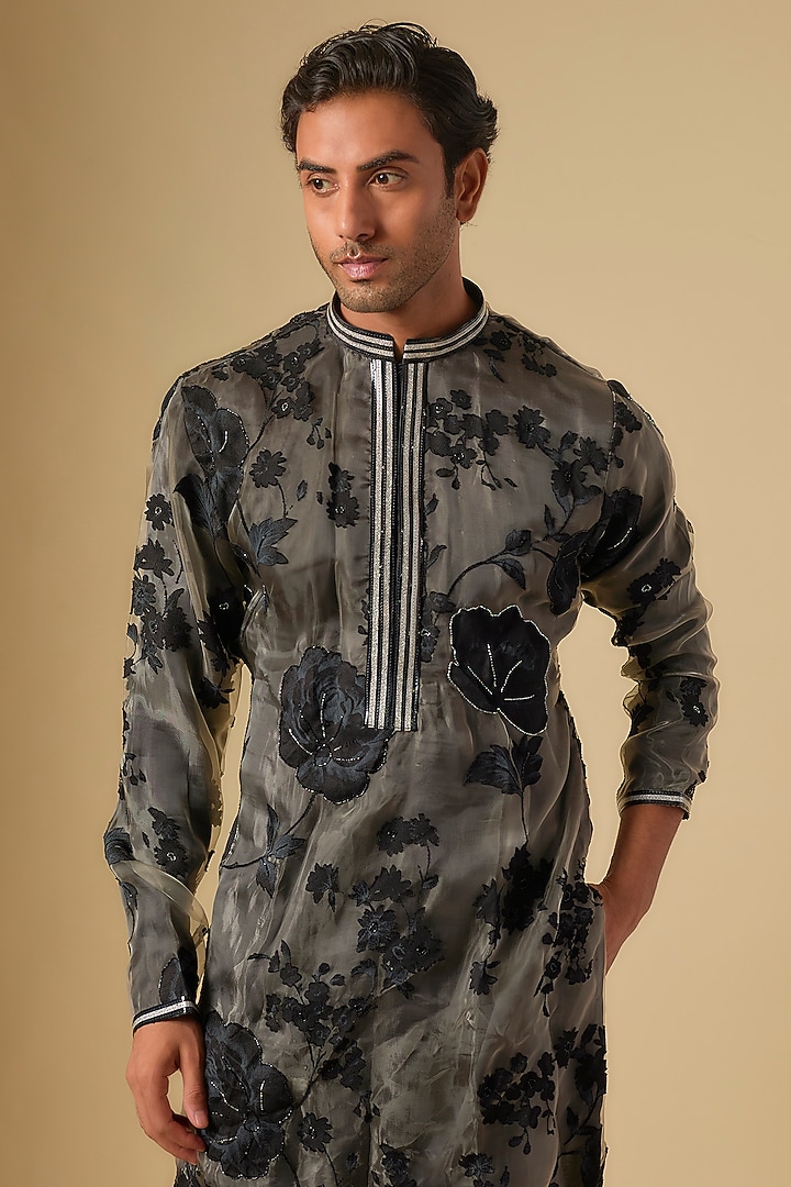 Metallic Grey & Black Organza Floral Printed Kurta Set by Dapper & Dare at Pernia's Pop Up Shop