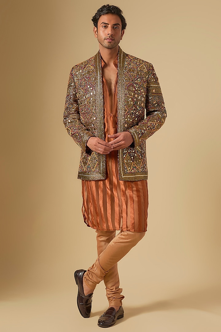 Brown Cotton Jute Cutdana Embellished Indowestern Set by Dapper & Dare