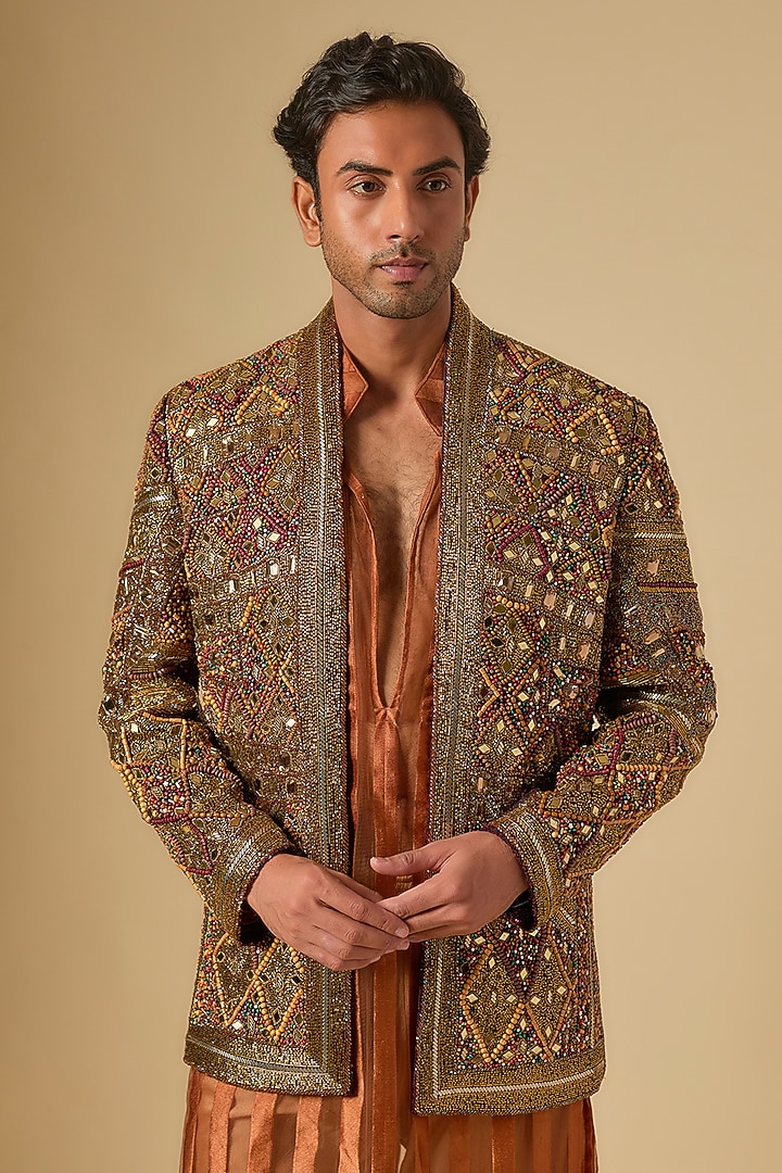 Brown Cotton Jute Cutdana Embellished Groom Indowestern Set by Dapper & Dare at Pernia's Pop Up Shop
