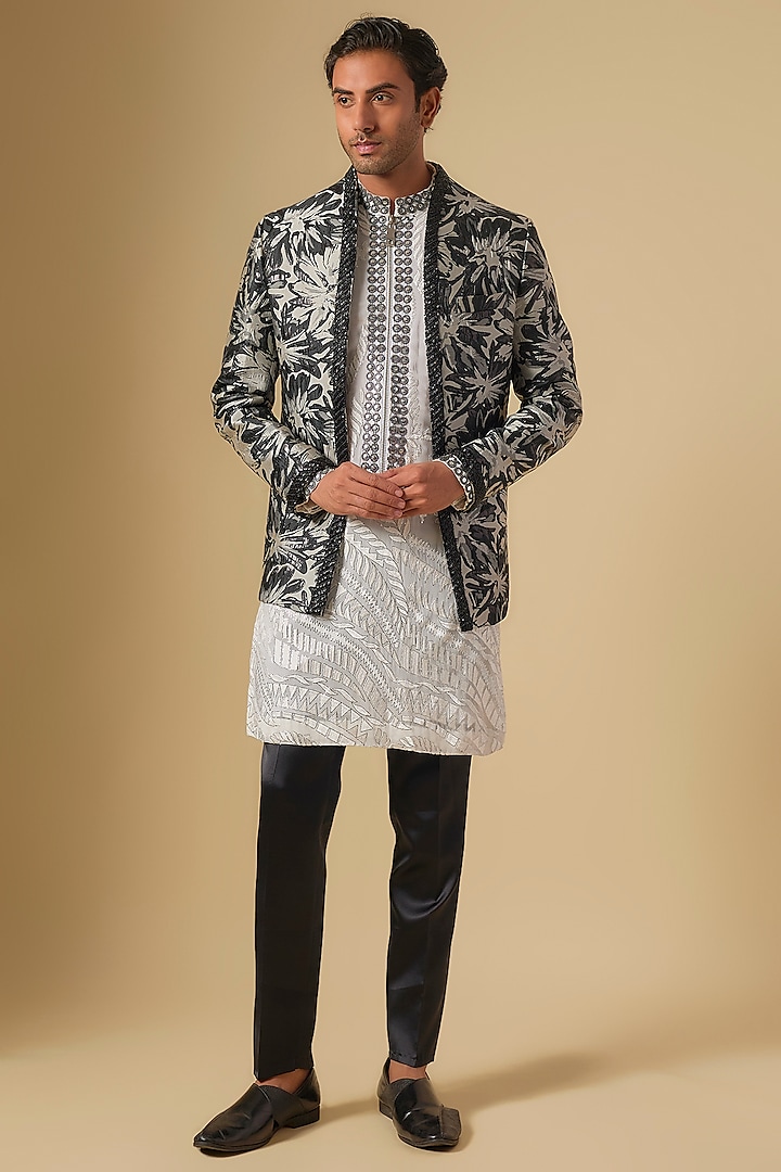 Black Georgette Floral Printed & Embroidered Indowestern Set by Dapper & Dare