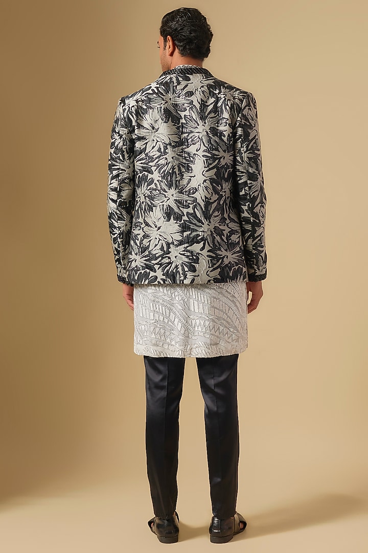 Black Georgette Floral Printed & Embroidered Groom Indowestern Set by Dapper & Dare at Pernia's Pop Up Shop