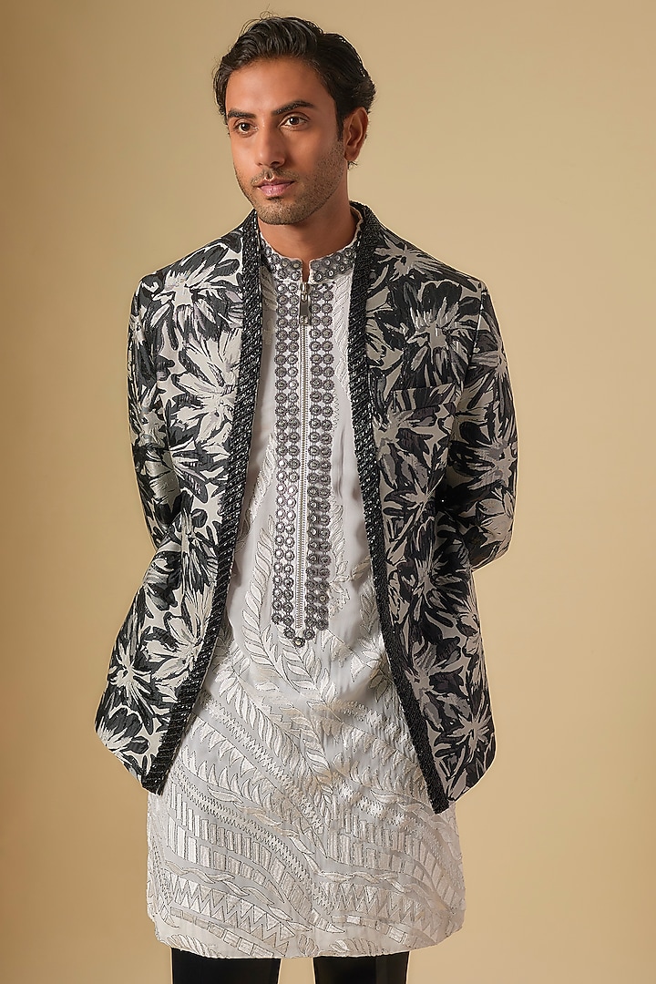 Black Georgette Floral Printed & Embroidered Groom Indowestern Set by Dapper & Dare at Pernia's Pop Up Shop