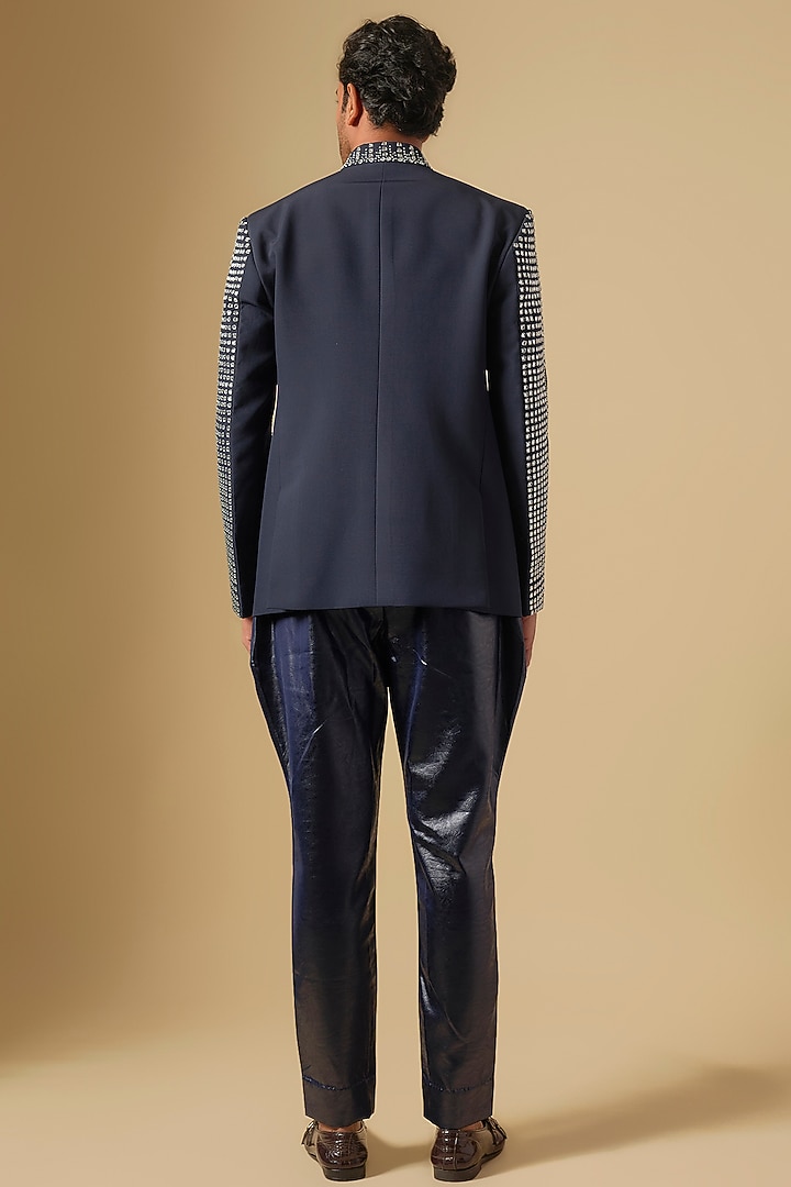 Midnight Blue Japanese Twill Hand Embroidered Groom Bandhgala Set by Dapper & Dare at Pernia's Pop Up Shop