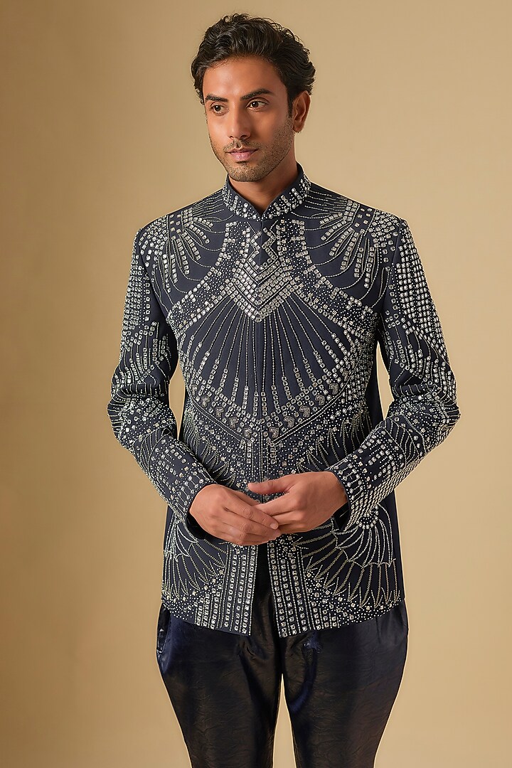 Midnight Blue Japanese Twill Hand Embroidered Groom Bandhgala Set by Dapper & Dare at Pernia's Pop Up Shop