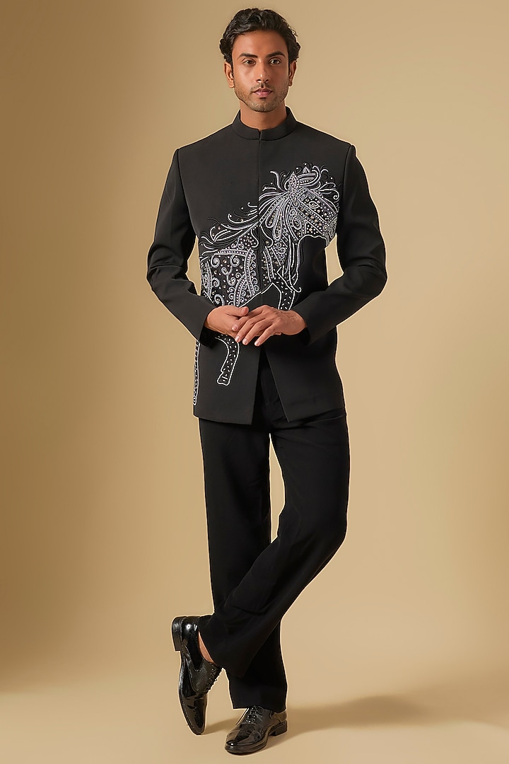 Black Japanese Twill Hand Embroidered Bandhgala Set by Dapper & Dare