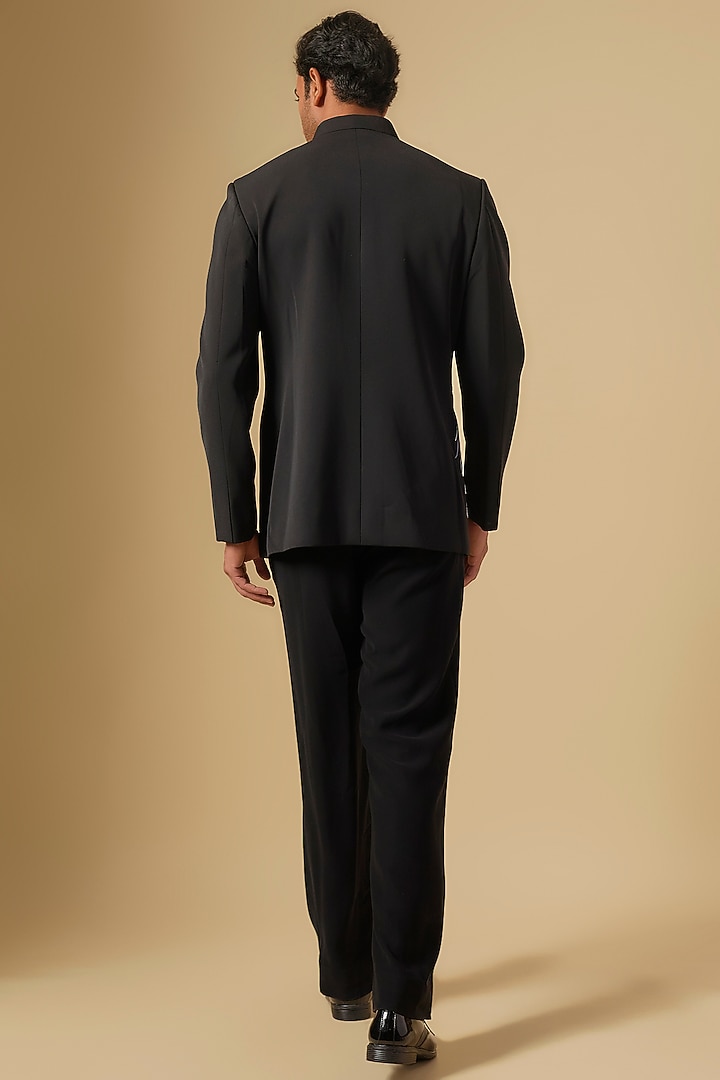 Black Japanese Twill Hand Embroidered Groom Bandhgala Set by Dapper & Dare at Pernia's Pop Up Shop