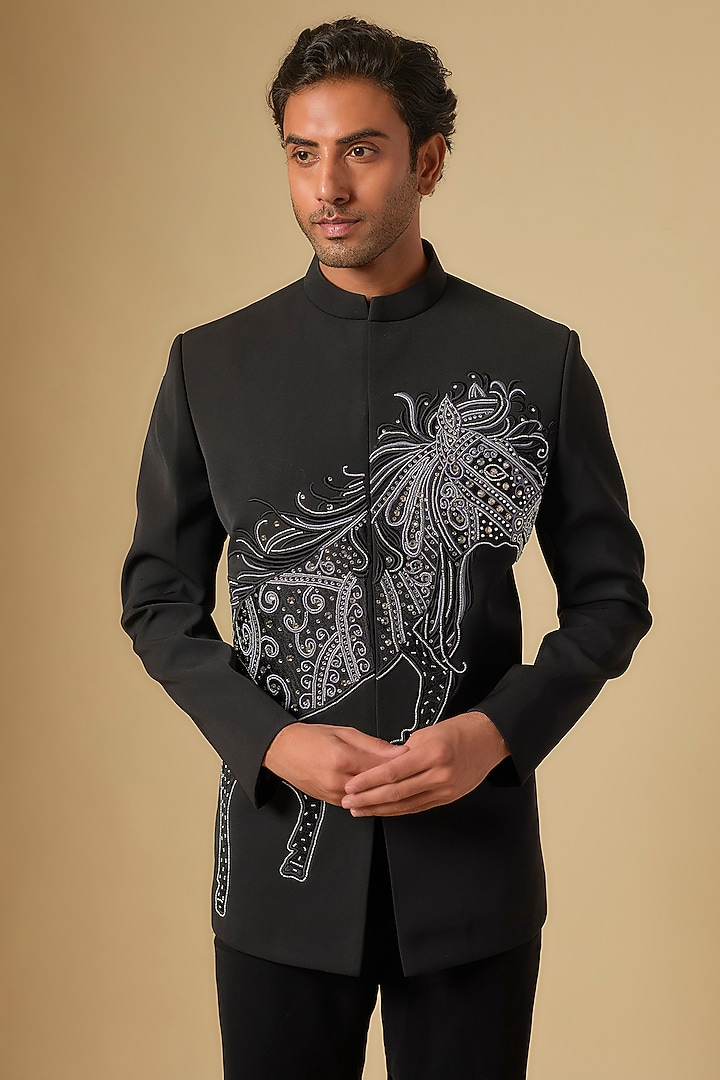 Black Japanese Twill Hand Embroidered Groom Bandhgala Set by Dapper & Dare at Pernia's Pop Up Shop