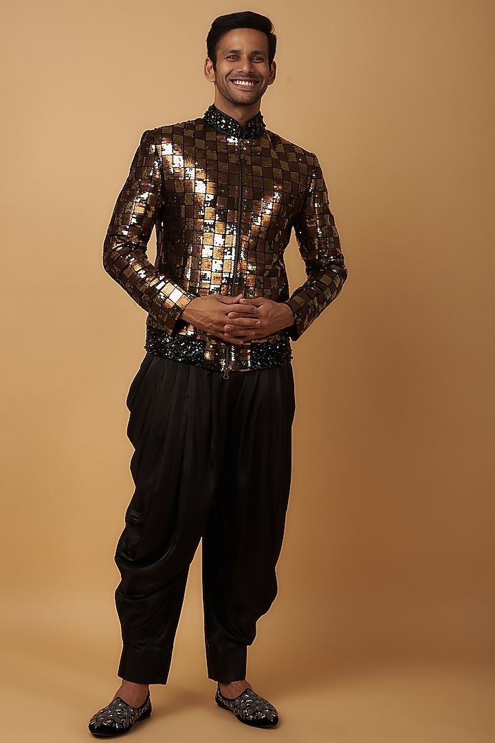 Bronze-Gold Georgette Embroidered Bomber Jacket Set by Dapper & Dare