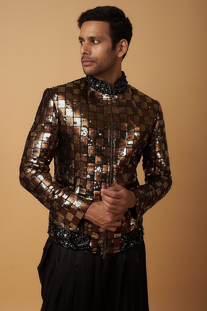 Bronze-Gold Georgette Embroidered Bomber Jacket Set by Dapper & Dare at Pernia's Pop Up Shop