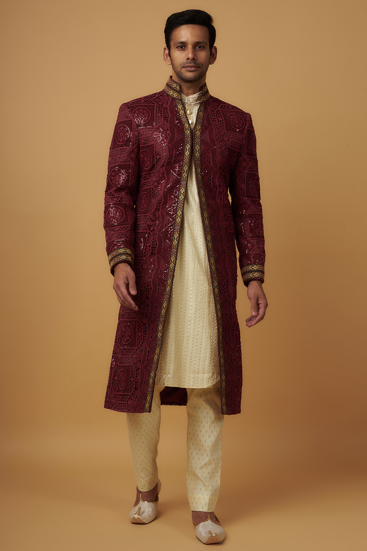 Maroon Crochet Embroidered Indowestern Set by Dapper & Dare