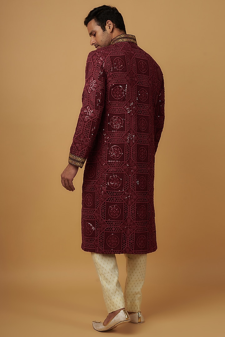 Maroon Crochet Embroidered Groom Indowestern Set by Dapper & Dare at Pernia's Pop Up Shop