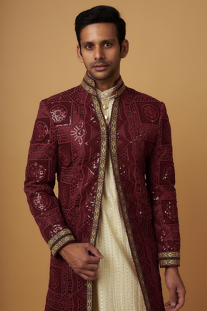Maroon Crochet Embroidered Groom Indowestern Set by Dapper & Dare at Pernia's Pop Up Shop