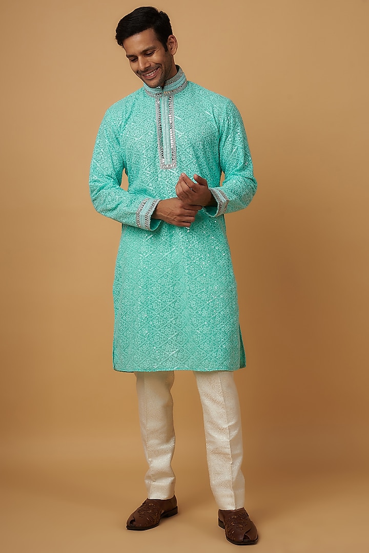 Cyan Blue Lucknowi Embroidered Handcrafted Kurta Set by Dapper & Dare