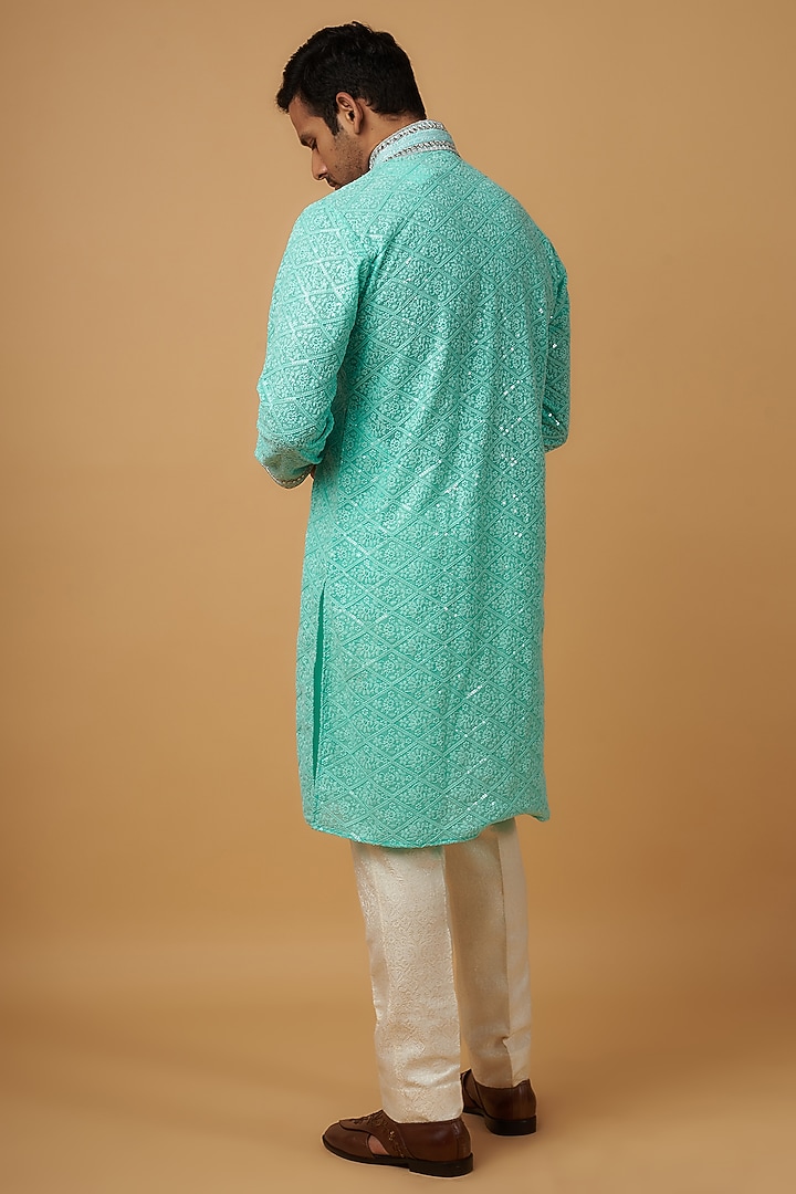 Cyan Blue Lucknowi Embroidered Handcrafted Kurta Set by Dapper & Dare at Pernia's Pop Up Shop