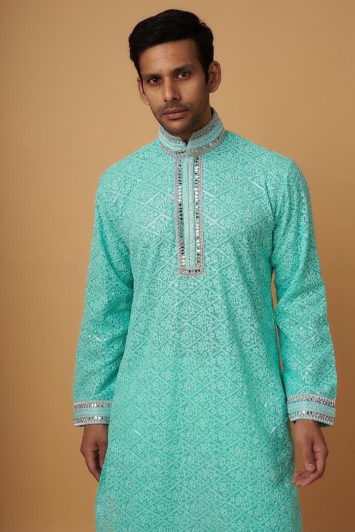 Cyan Blue Lucknowi Embroidered Handcrafted Kurta Set by Dapper & Dare at Pernia's Pop Up Shop