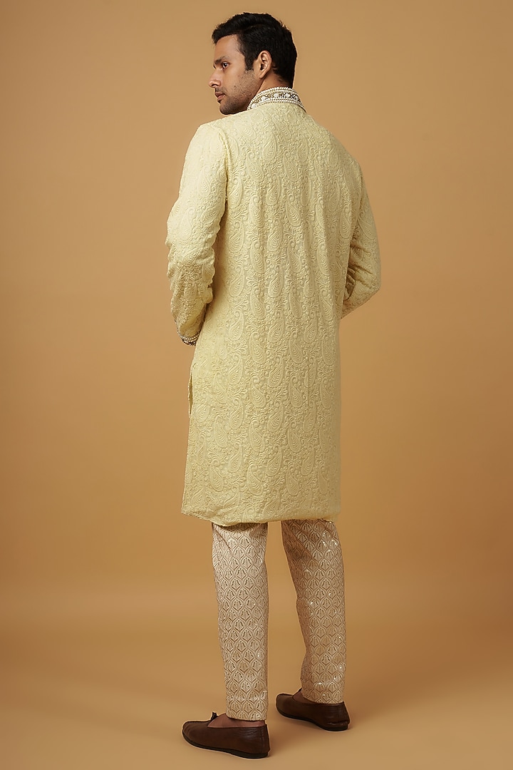 Light Yellow Lucknowi Printed & Embroidered Handcrafted Kurta Set by Dapper & Dare at Pernia's Pop Up Shop