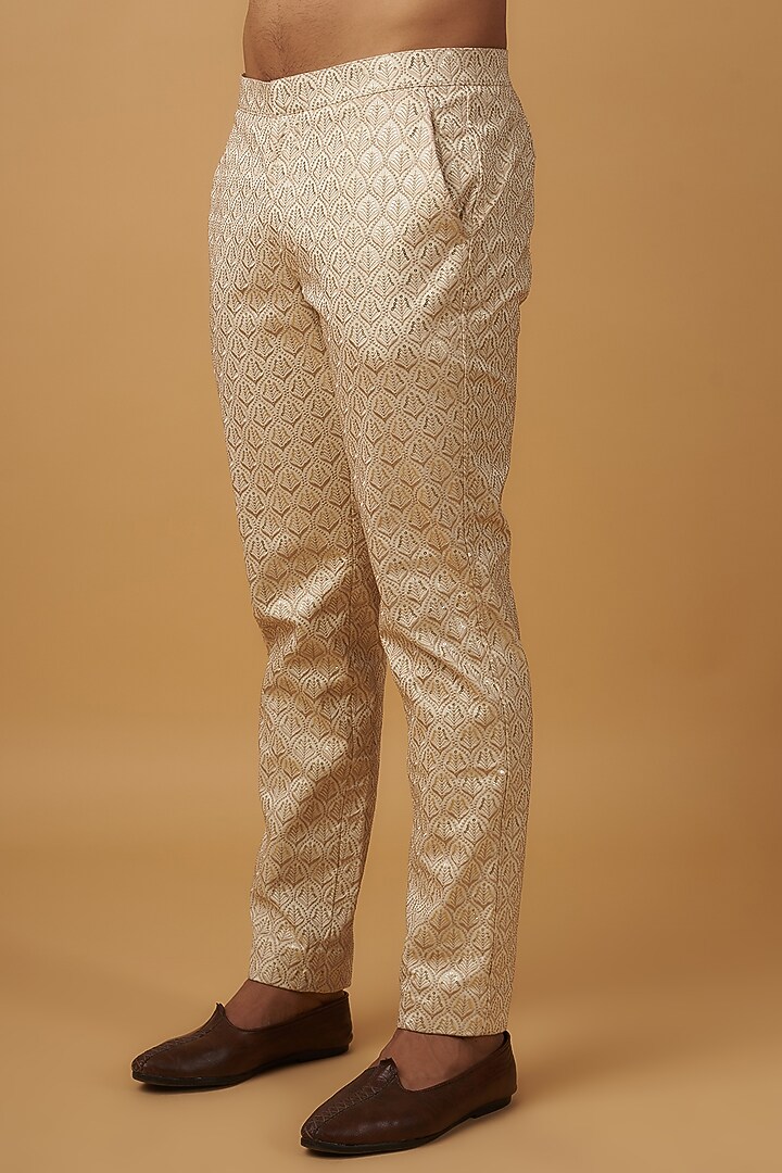 Light Yellow Lucknowi Printed & Embroidered Handcrafted Kurta Set by Dapper & Dare at Pernia's Pop Up Shop