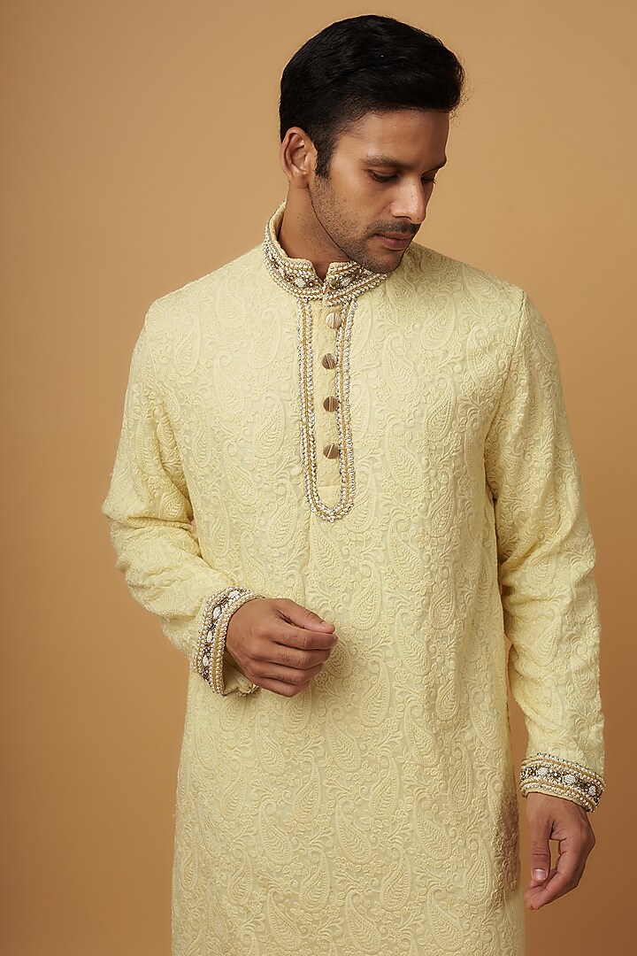 Light Yellow Lucknowi Printed & Embroidered Handcrafted Kurta Set by Dapper & Dare at Pernia's Pop Up Shop