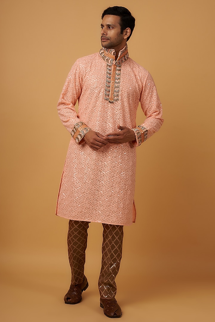 Peach Lucknowi Embroidered Handcrafted Kurta Set by Dapper & Dare