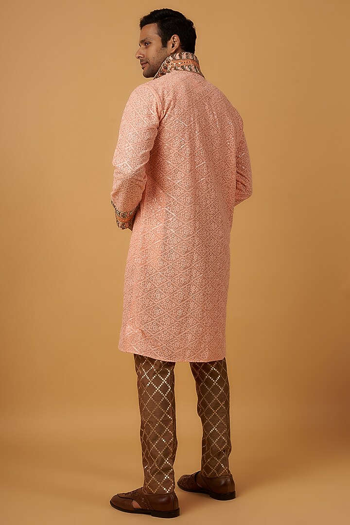 Peach Lucknowi Embroidered Handcrafted Kurta Set by Dapper & Dare at Pernia's Pop Up Shop