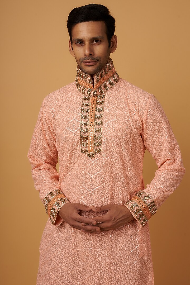 Peach Lucknowi Embroidered Handcrafted Kurta Set by Dapper & Dare at Pernia's Pop Up Shop
