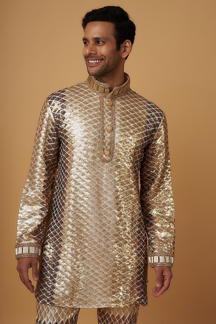 Gold Georgette Printed Kurta Set by Dapper & Dare at Pernia's Pop Up Shop