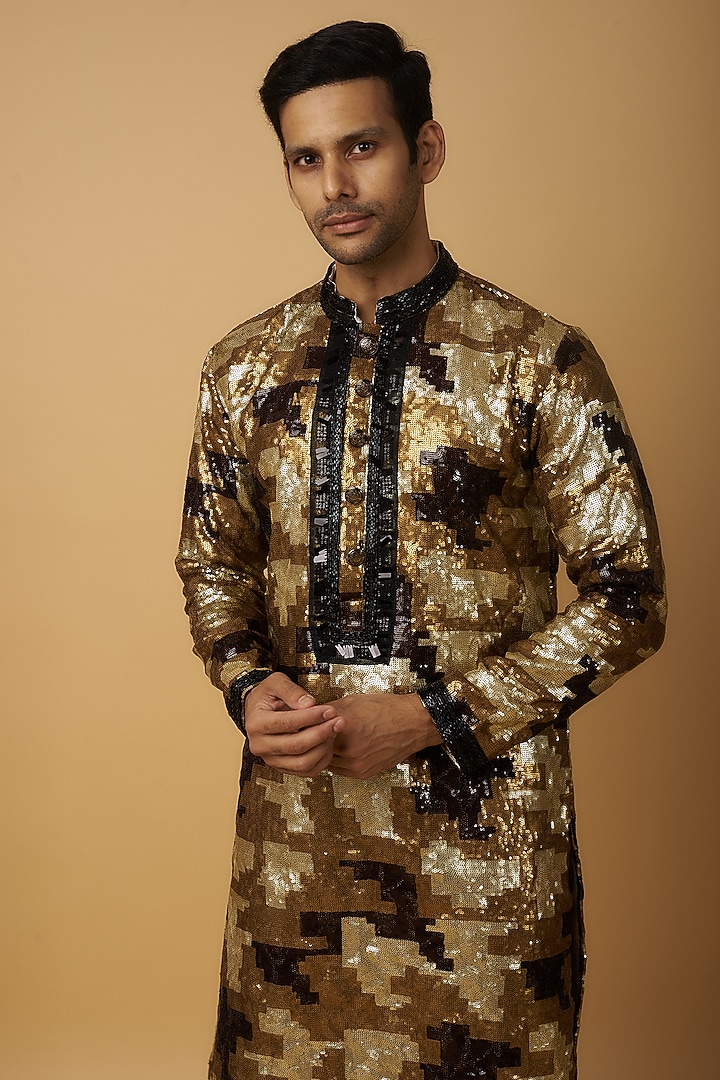Gold & Bronze Georgette Embroidered Kurta Set by Dapper & Dare at Pernia's Pop Up Shop