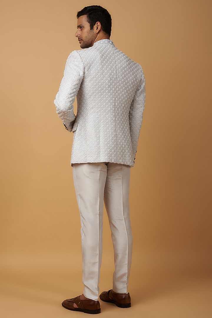 White Georgette Embroidered Wedding Bandhgala Set by Dapper & Dare at Pernia's Pop Up Shop