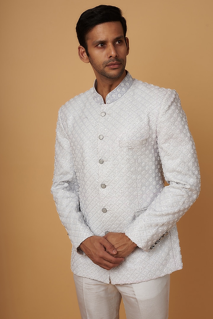 White Georgette Embroidered Wedding Bandhgala Set by Dapper & Dare at Pernia's Pop Up Shop