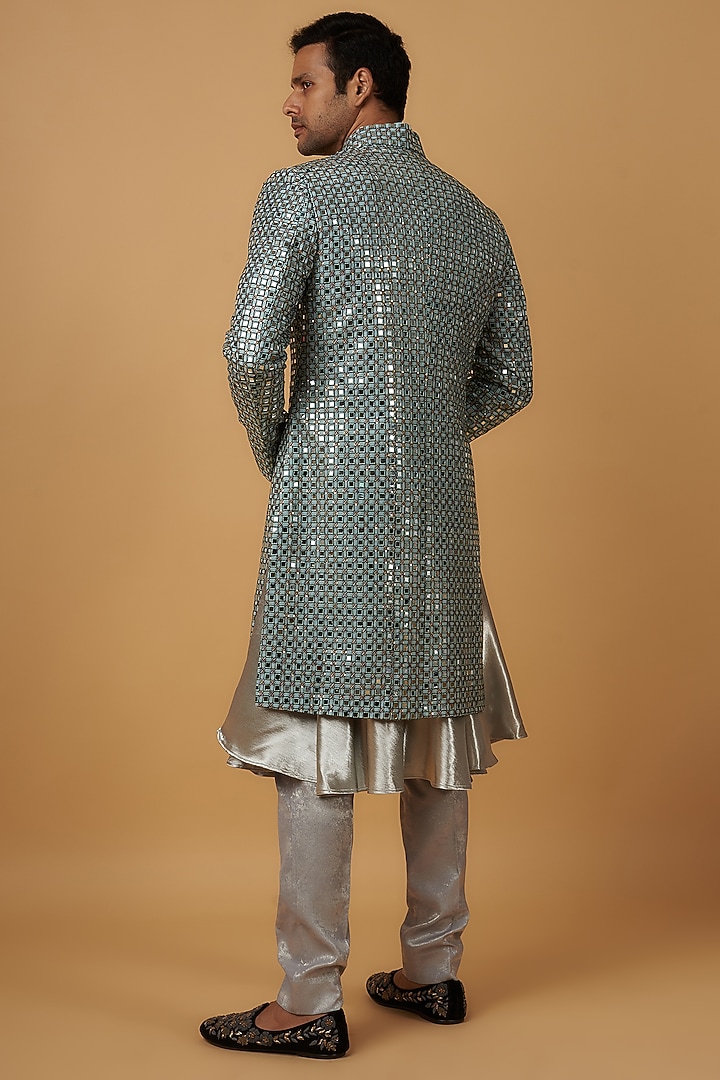 Green Net Embroidered Groom Indowestern Set by Dapper & Dare at Pernia's Pop Up Shop