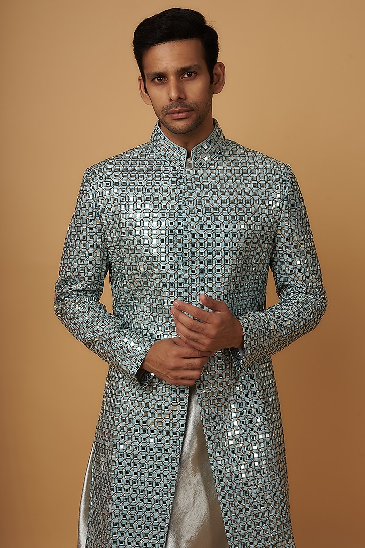 Green Net Embroidered Groom Indowestern Set by Dapper & Dare at Pernia's Pop Up Shop