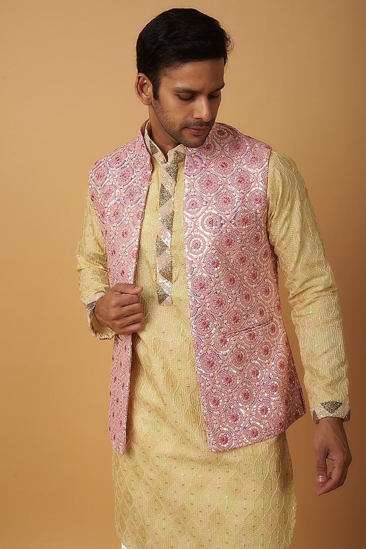 Pink Dupion Embroidered Wedding Indowestern Set by Dapper & Dare at Pernia's Pop Up Shop