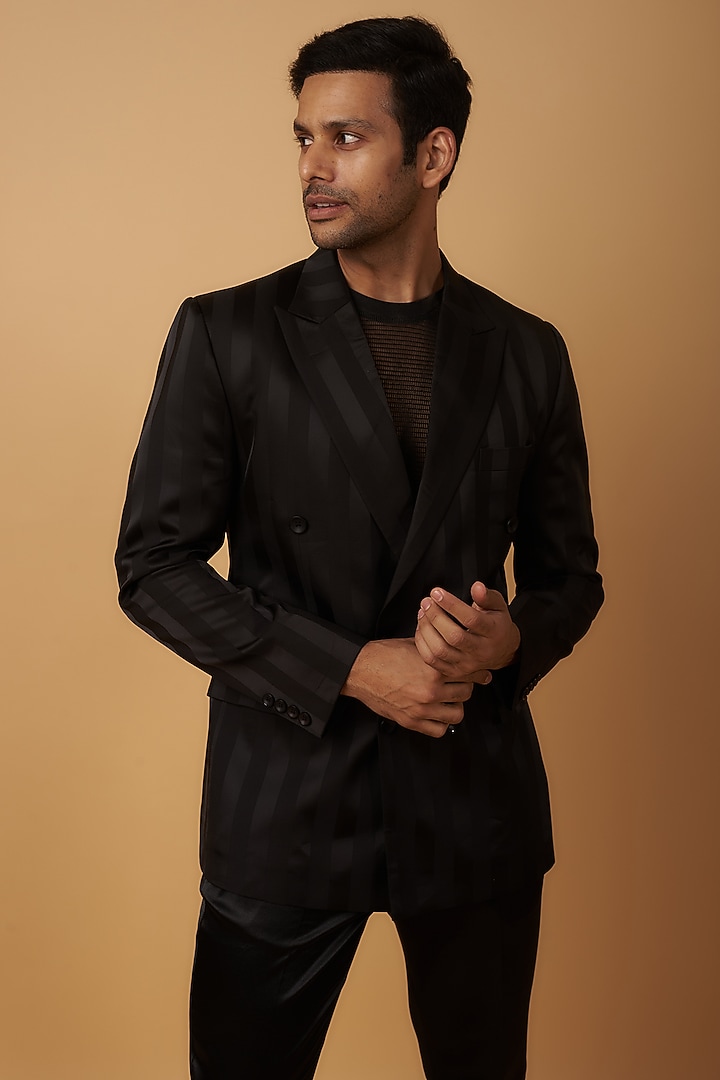 Black Satin Striped Blazer Set by Dapper & Dare at Pernia's Pop Up Shop