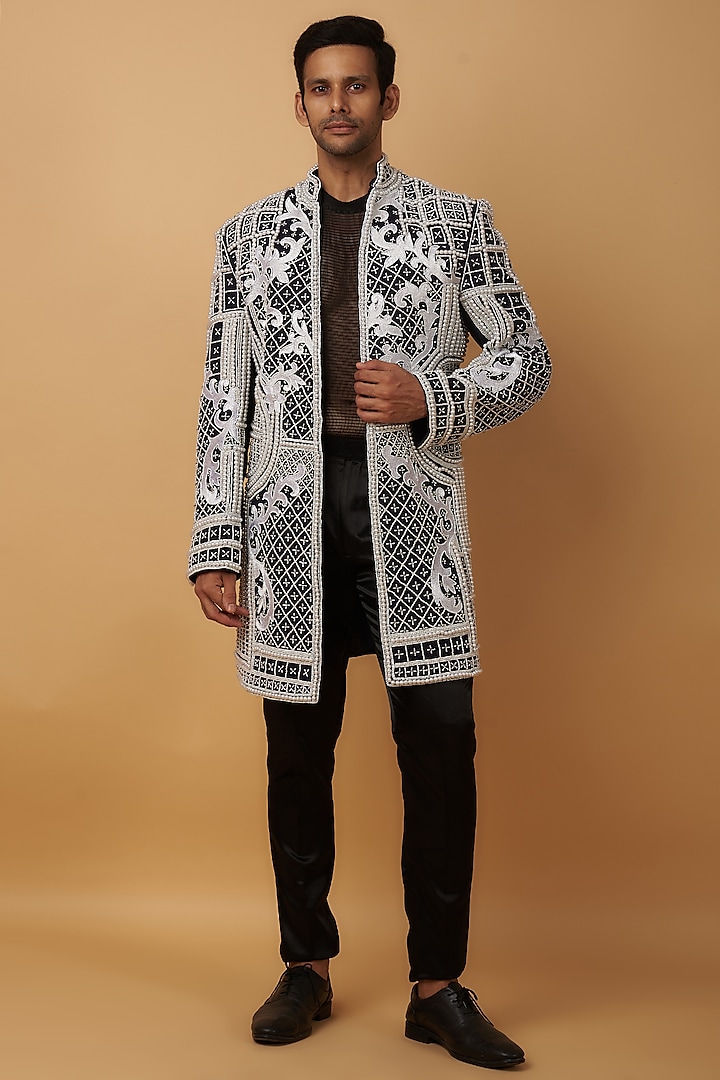 Black South Jute Cotton Blend Embroidered Indowestern Set by Dapper & Dare