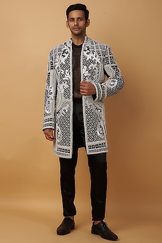 Black South Jute Cotton Blend Embroidered Indowestern Set by Dapper & Dare