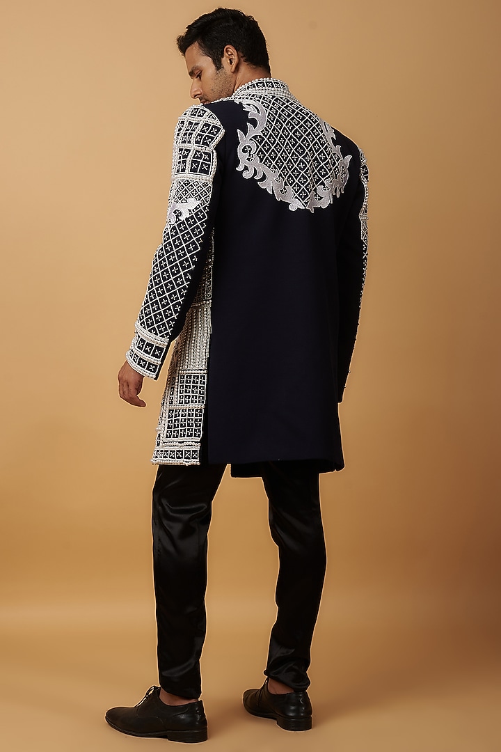 Black South Jute Cotton Blend Embroidered Groom Indowestern Set by Dapper & Dare at Pernia's Pop Up Shop
