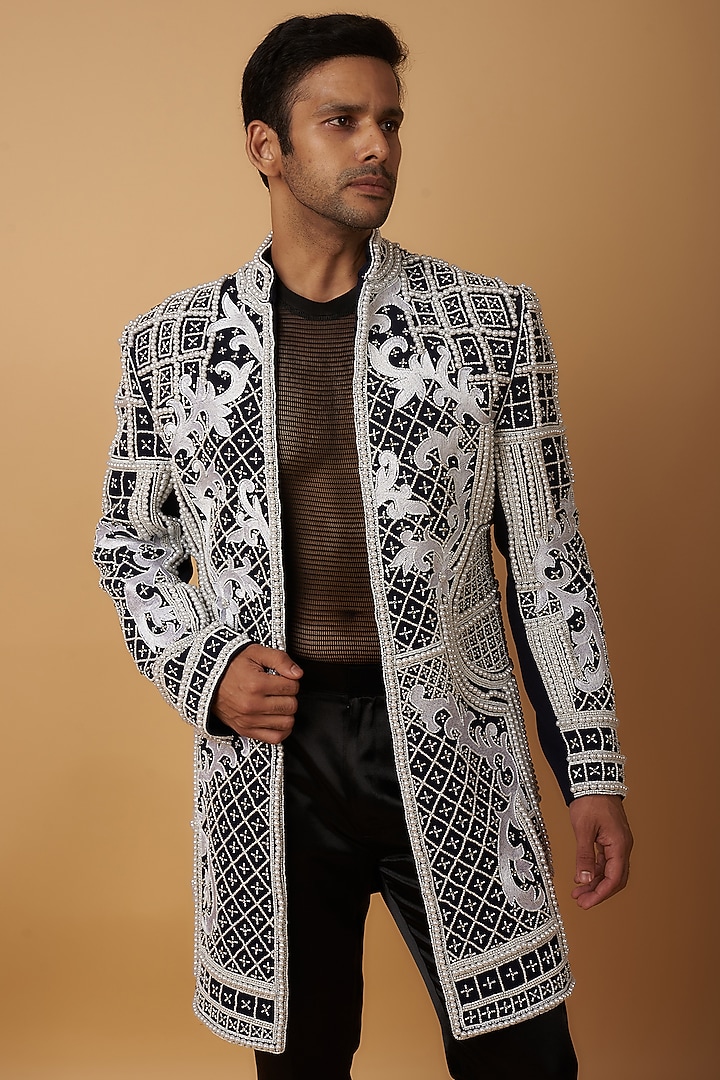 Black South Jute Cotton Blend Embroidered Groom Indowestern Set by Dapper & Dare at Pernia's Pop Up Shop
