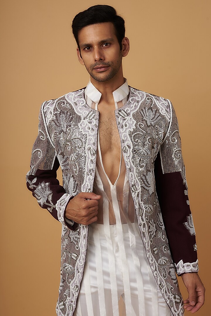 White South Jute Cotton Blend Embroidered Groom Indowestern Set by Dapper & Dare at Pernia's Pop Up Shop