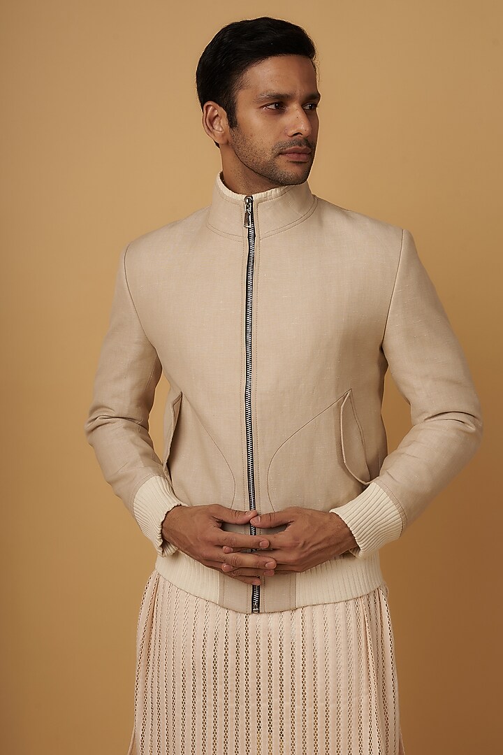 Beige Linen Bomber Jacket Set by Dapper & Dare at Pernia's Pop Up Shop
