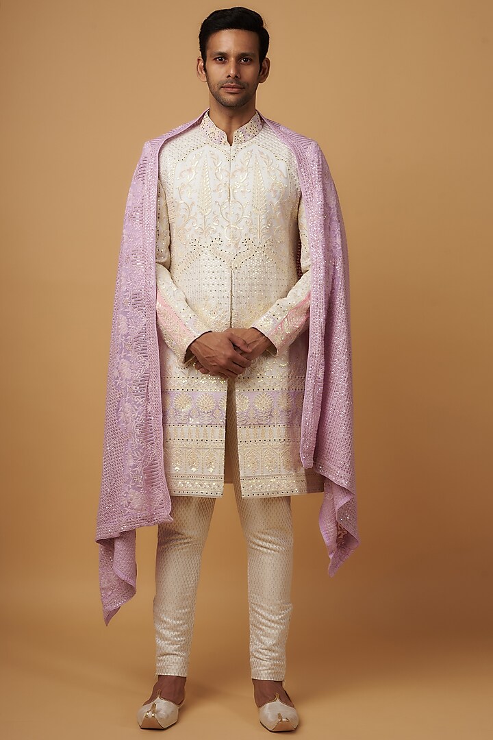 Ivory Net Embroidered Sherwani Set by Dapper & Dare